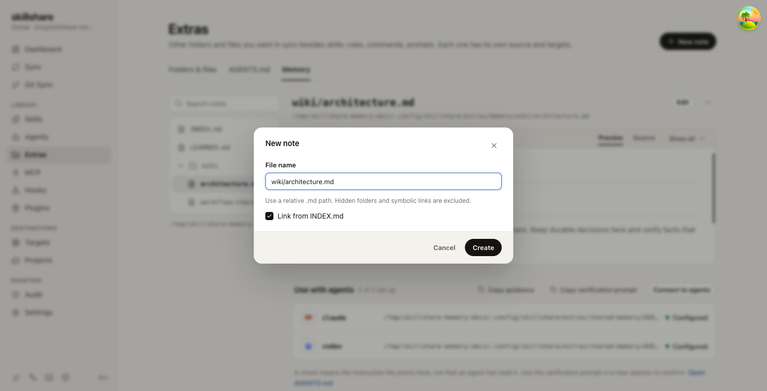 English New note dialog with a nested filename and index-link checkbox