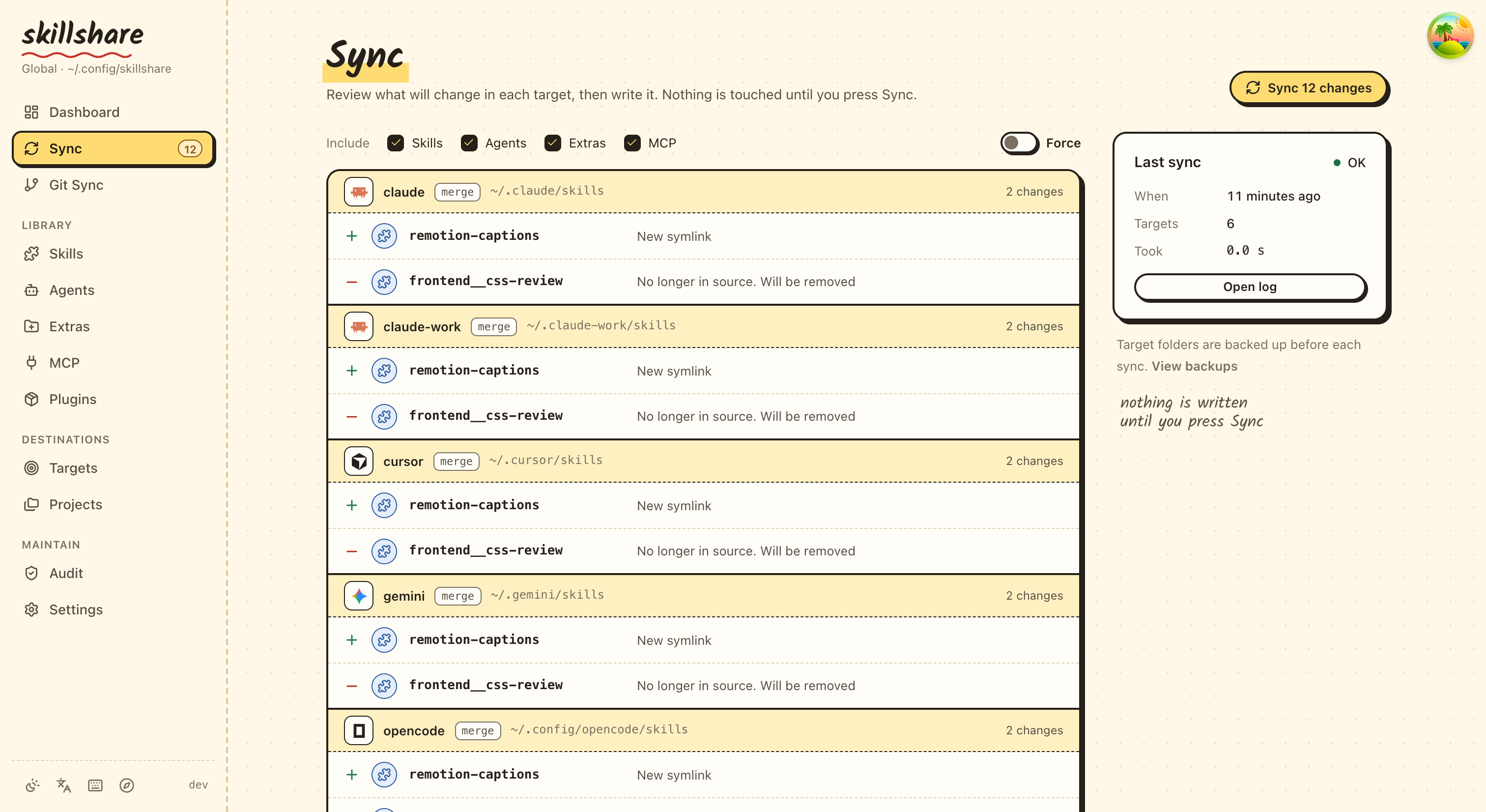 Sync page previewing changes per target before writing