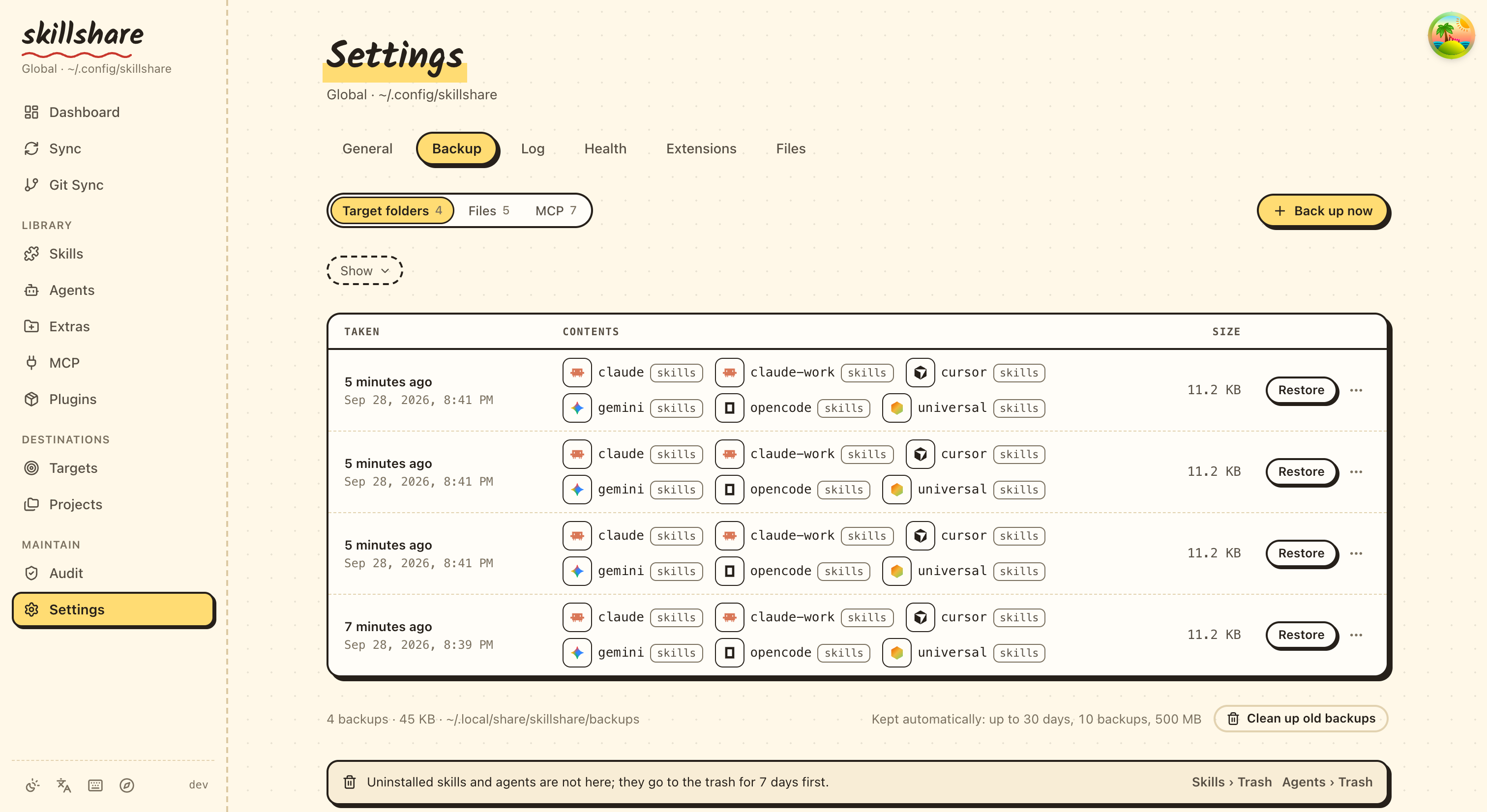 Settings › Backup › Target folders with snapshots and restore actions