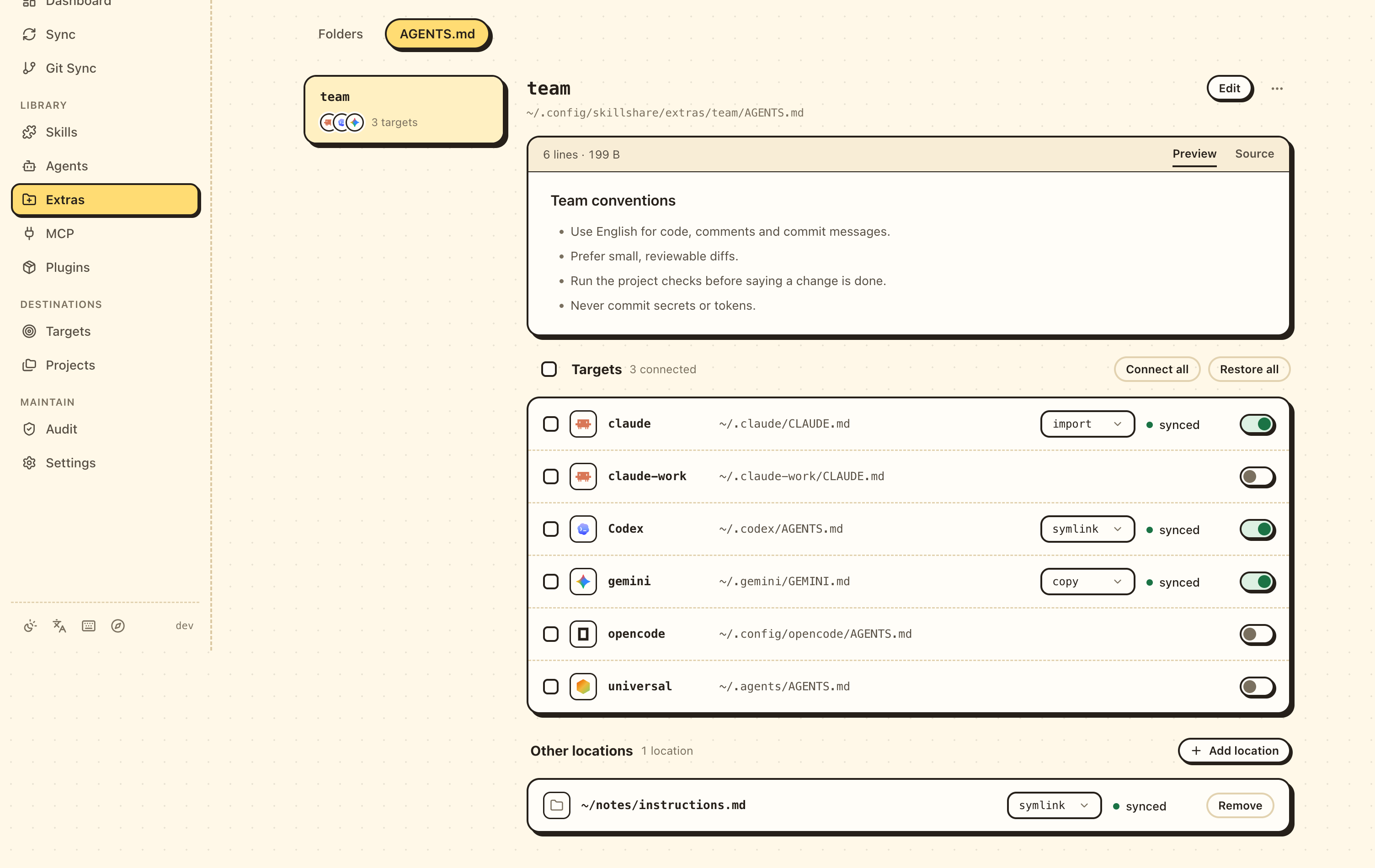 Extras › AGENTS.md: a shared file with per-target modes and other locations
