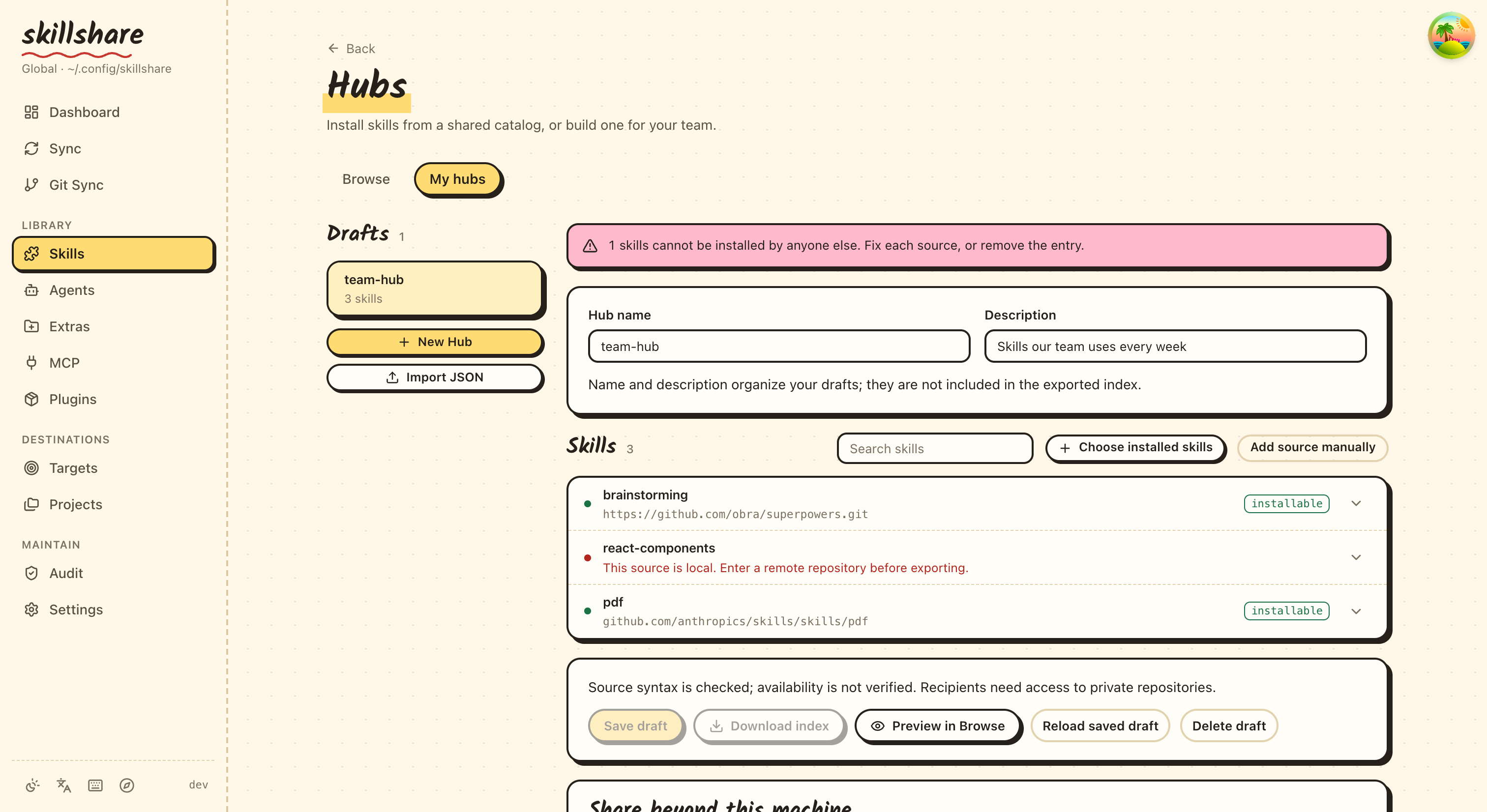 My hubs: a hub draft with one entry blocked from export