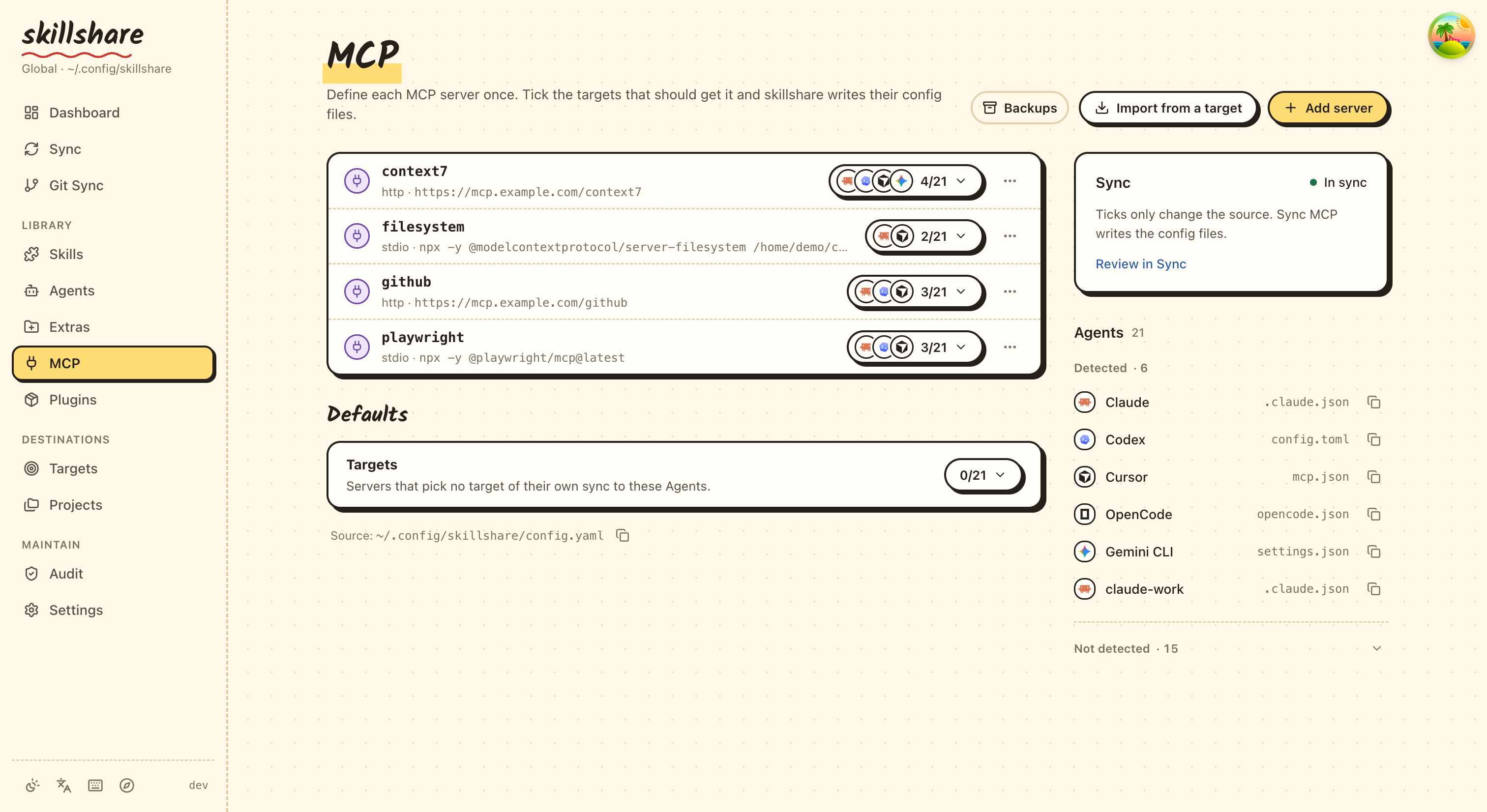 MCP page: one row per server with its Agents, and the Sync box