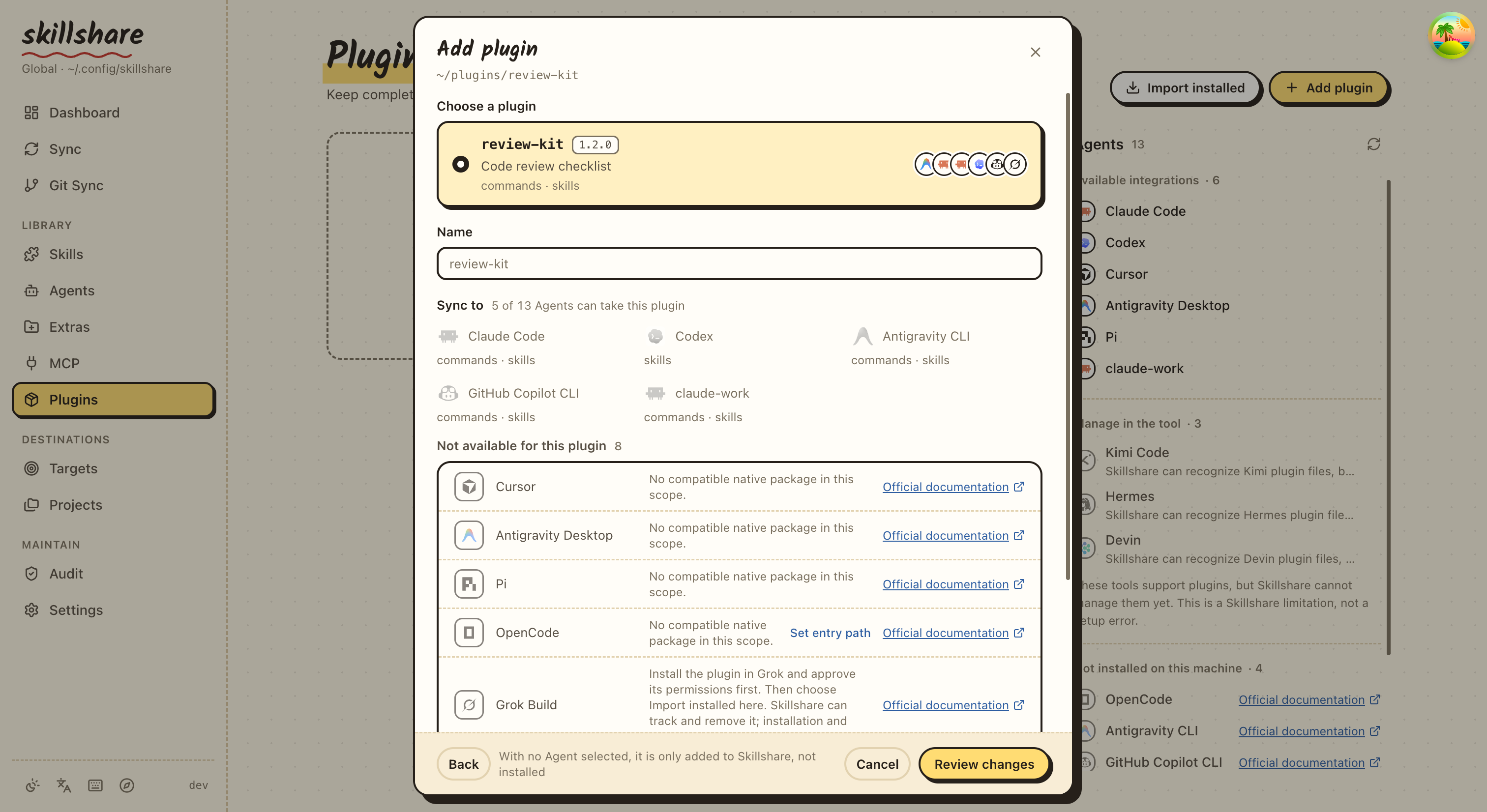 Add plugin dialog: discovered plugin with compatible and unsupported targets
