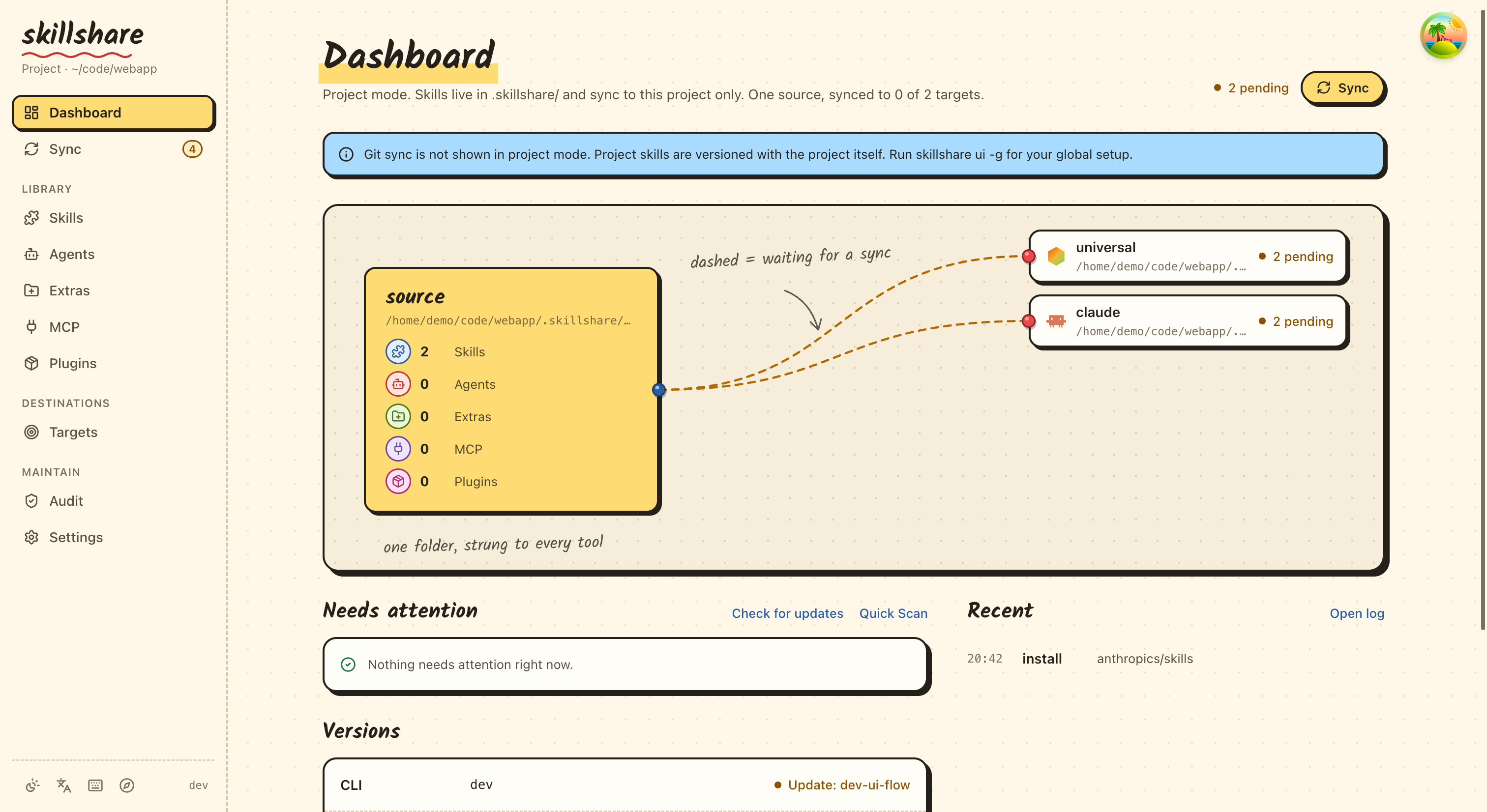 Dashboard in project mode: the sidebar shows the project path and hides Git Sync