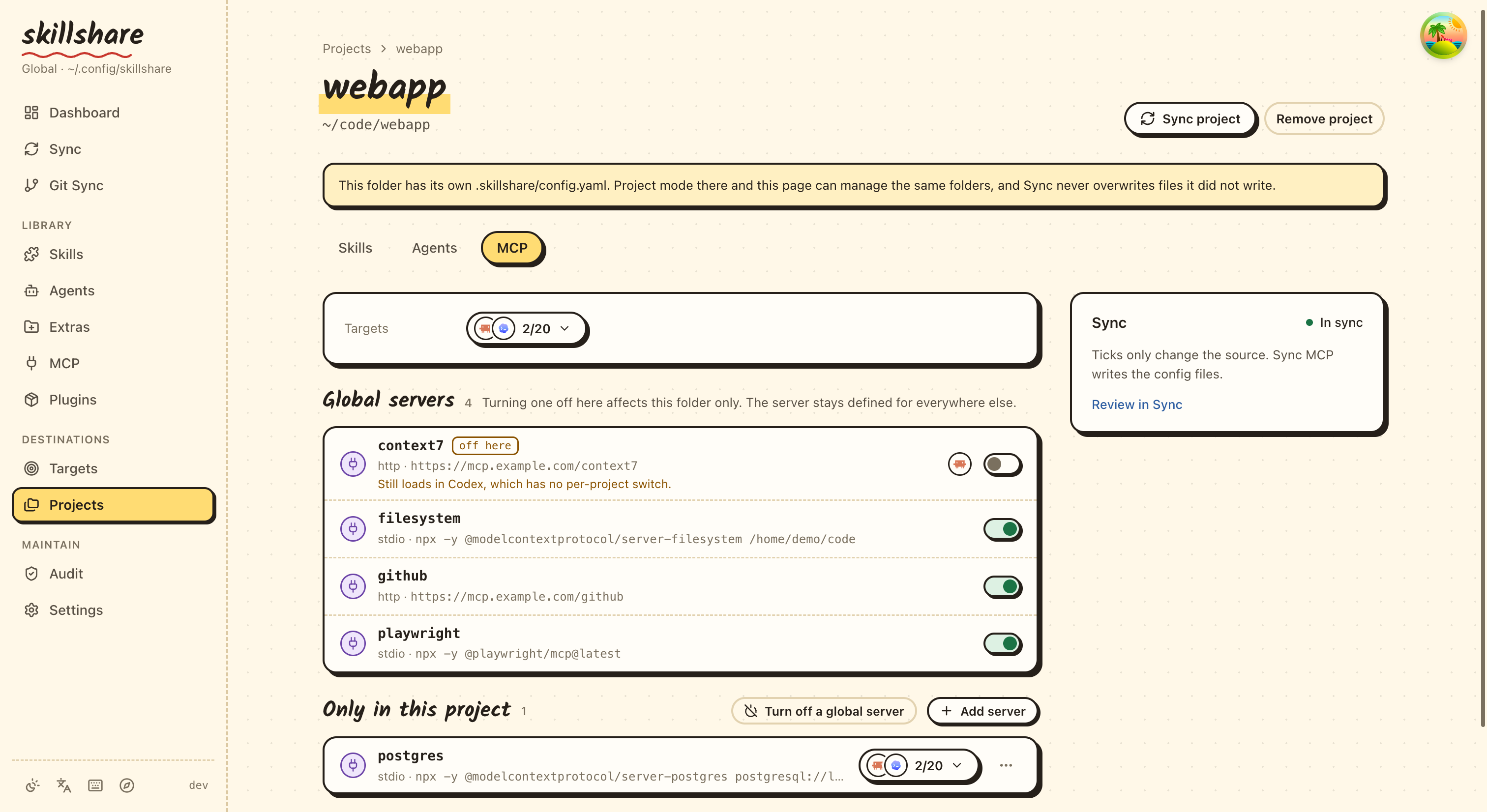 Project MCP tab: global servers switched per project, plus project-only servers