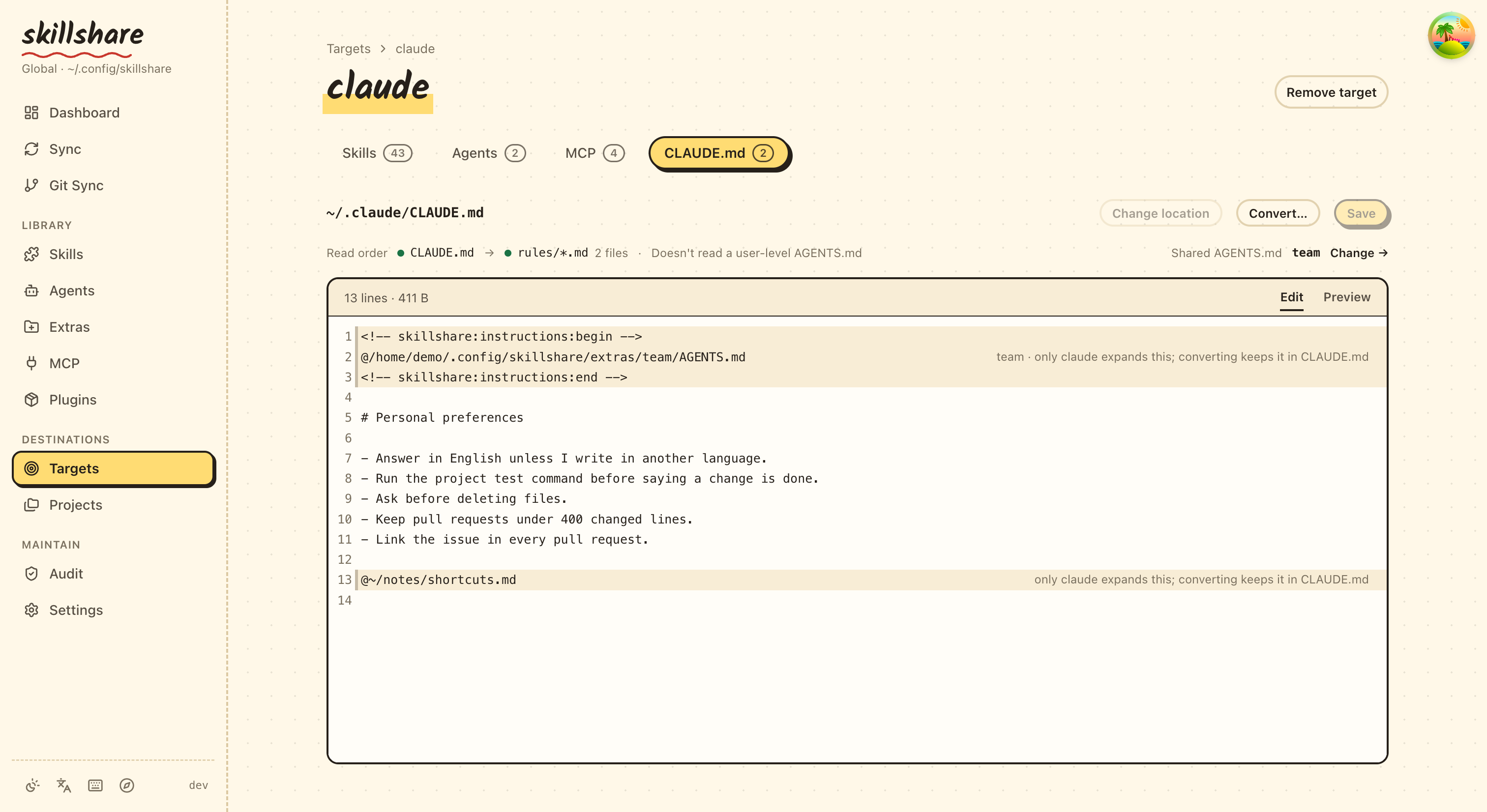 claude target's CLAUDE.md tab: read order, editor and import note