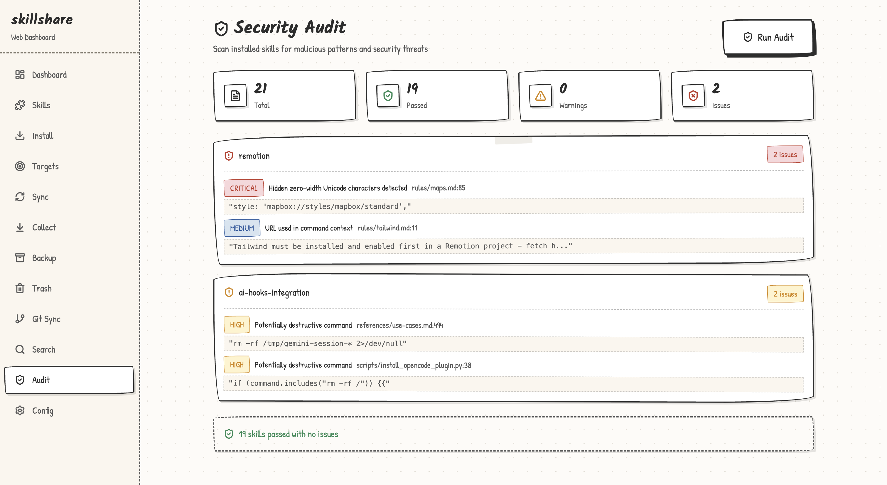 Web security audit page showing scan results