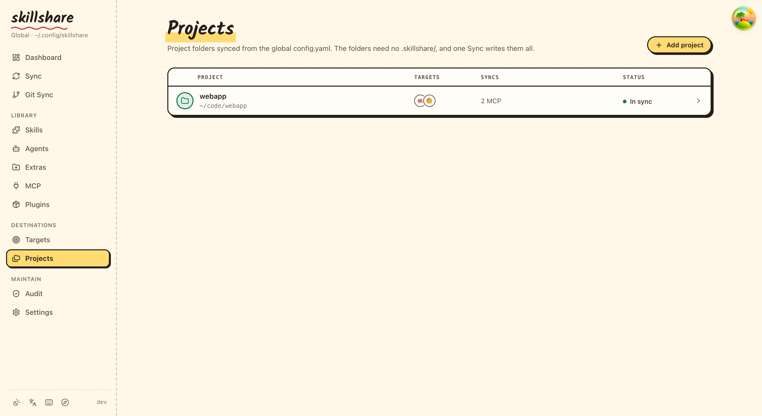 Projects page listing project folders